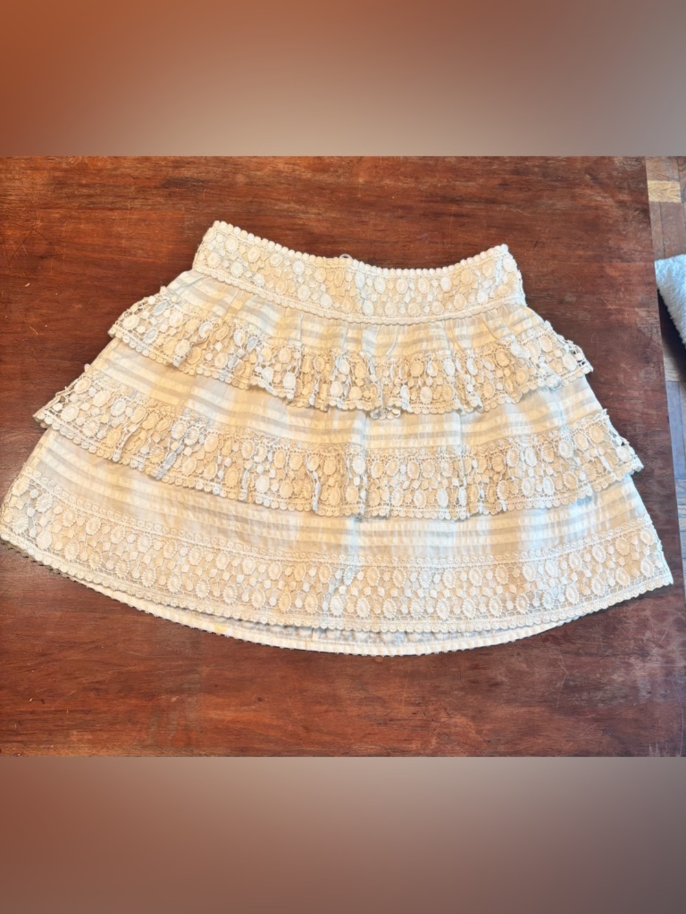 leifsdottir White Crochet Lace Cotton and Silk Tiered Mini Skirt Size 8